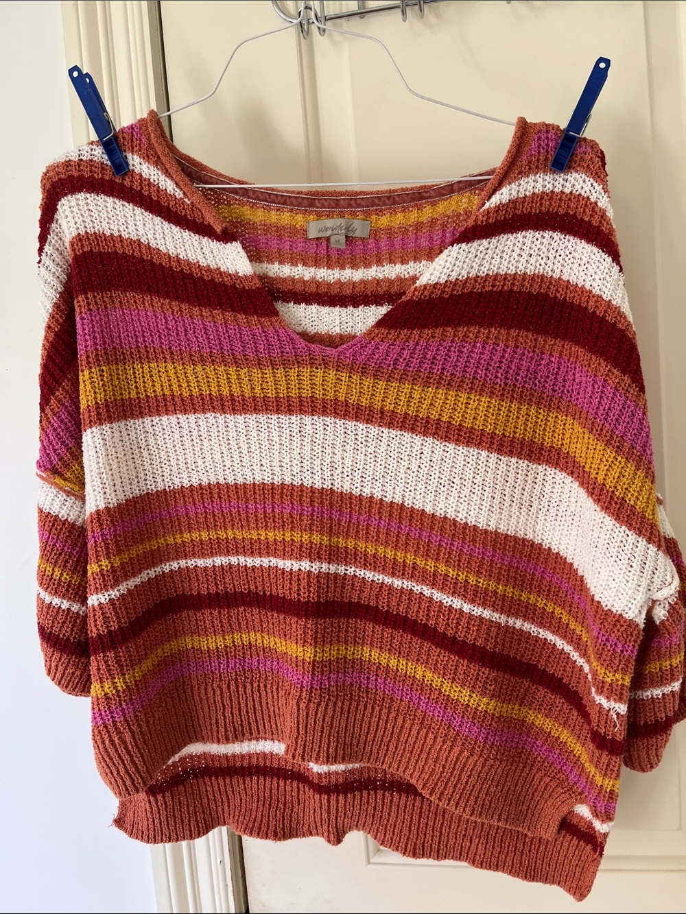 Wonderly Striped V-Neck Sweater in Rust, White, Pink & Mustard